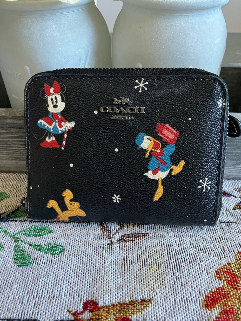 Coach Black Zip Wallet with Minnie & Donald Holiday Print